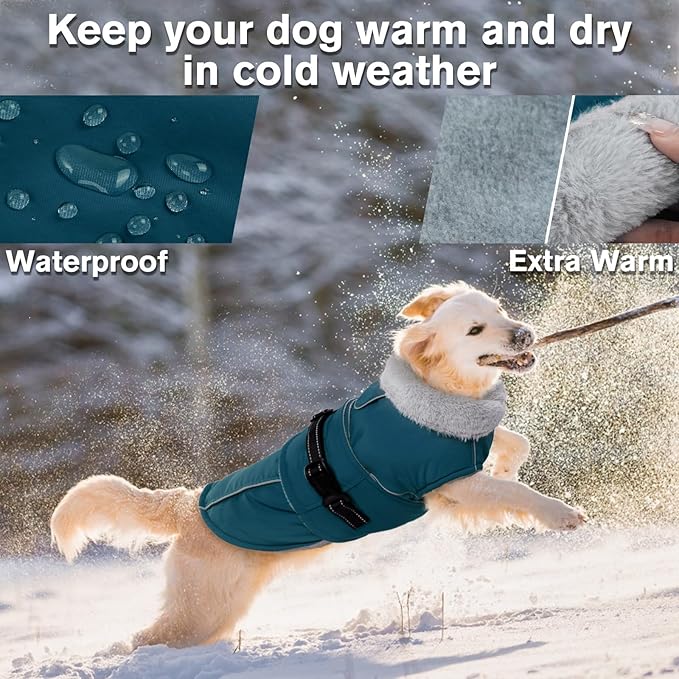 Lelepet Warm Dog Coats for Large Dogs Waterproof Dog Winter Jacket Reflective Pet Fleece Vest Windproof Cold Weather Coats with Adjustable Buckle & Leash Hole, Dark Green, XXL