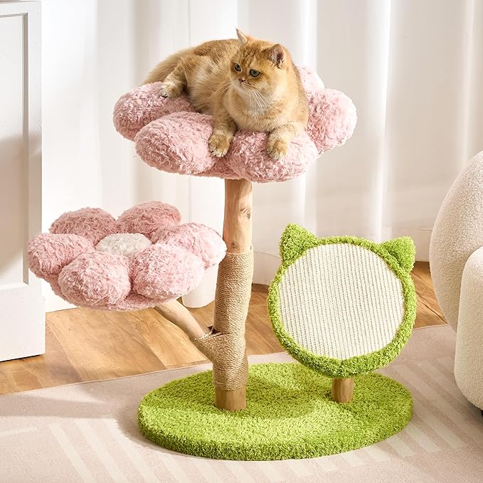 797Audio Natural Wood Flower Cat Tree, Modern Cat Tower with Real Solid Wood Branch, Luxury Aesthetic Cat Tree with Scratching Post, Scratch Pad, Cat Tree Tower for Indoor Large Adult Cats, Baby Pink