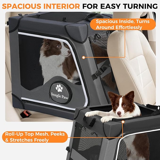 Snagle Paw Portable Dog Crate for Car Travel,Metal Frame Pet Crate,Pet Carrier for Car Back Seat Secures with Headrest Strap and Seatbelt,L,Gray