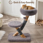 33" Modern Cat Tree for Indoor Cats, Aesthetic Natural Wood Cat Tower with Branch-Style Scratching Posts, Luxury Plush Faux Fur Cat Bed with Natural Loft, Perch & Hanging Ball, Almond Khaki