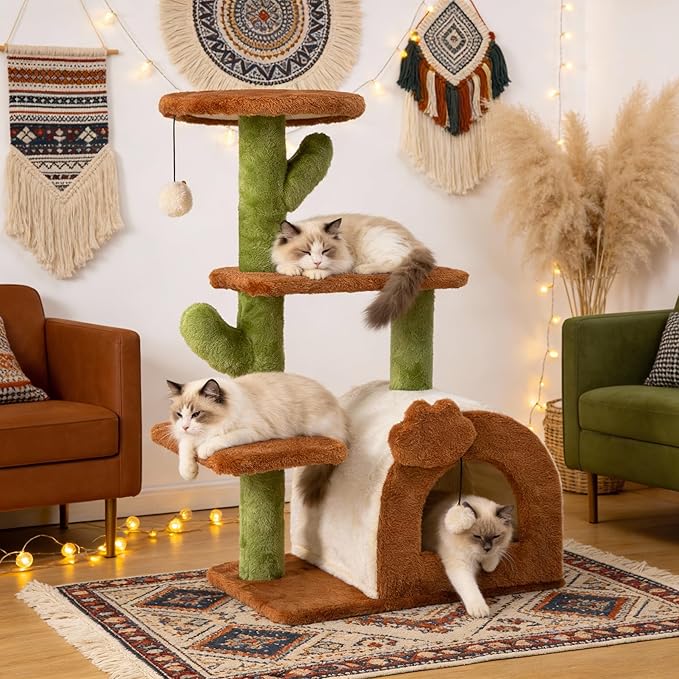 Cactus Cat Tree for Indoor Cats with Cozy Condo Wide Top Perch Multi-Level Climbing and Lounging Space 27.5inch Plush, Brown