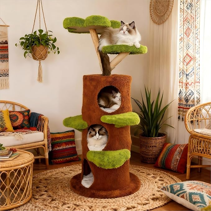 Modern Cat Tree Tower: 58Inch Tall Cat Tree for Large Cats with Multi Condos - Indoor Wood Cat Tree House Sturdy with Scratching Post