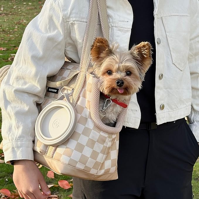 Cleverpup Transit Tote Dog Carrier for Small Dogs up to 8 lbs, 16x11x8 Soft-Sided 4-Pc Set with Waterproof Base, Plush Insert, Food Pouch, Mesh Head Opening - Small, Checkerboard