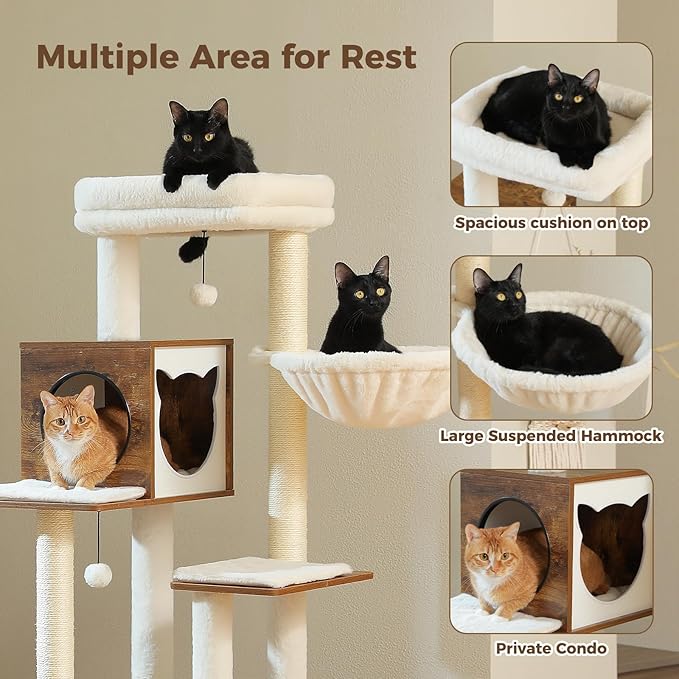 PETEPELA Cat Tree with Litter Box Enclosure, 2-in-1 Wood Cat Tower for Indoor Large Cats, 57.5'' Cat Condo with Scratching Posts, Cozy Hammock and Repalcable Dangling Balls, Brown