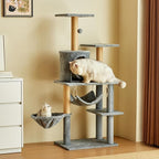 Multi-Level Cat Tree Tower, 132cm Tall, Grey Plush with Condo, Hammock, Platforms, Sisal Posts, 55x38cm Base