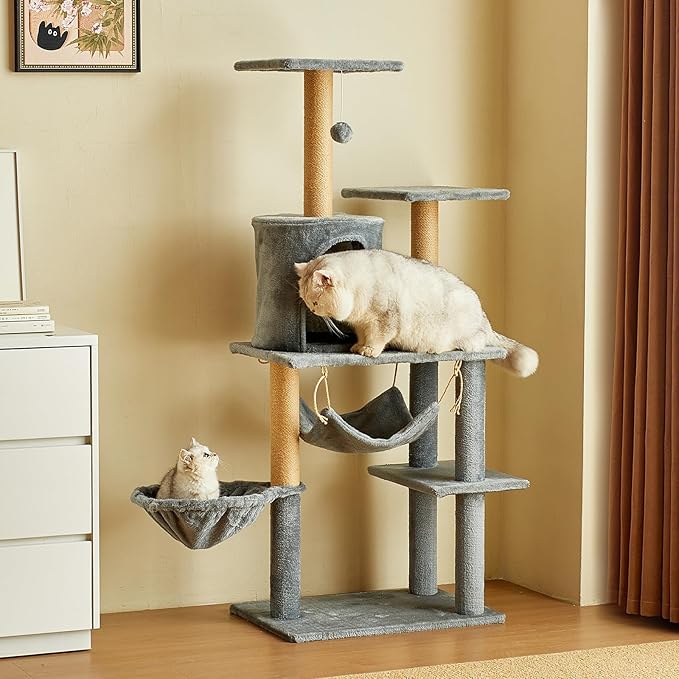Multi-Level Cat Tree Tower, 132cm Tall, Grey Plush with Condo, Hammock, Platforms, Sisal Posts, 55x38cm Base