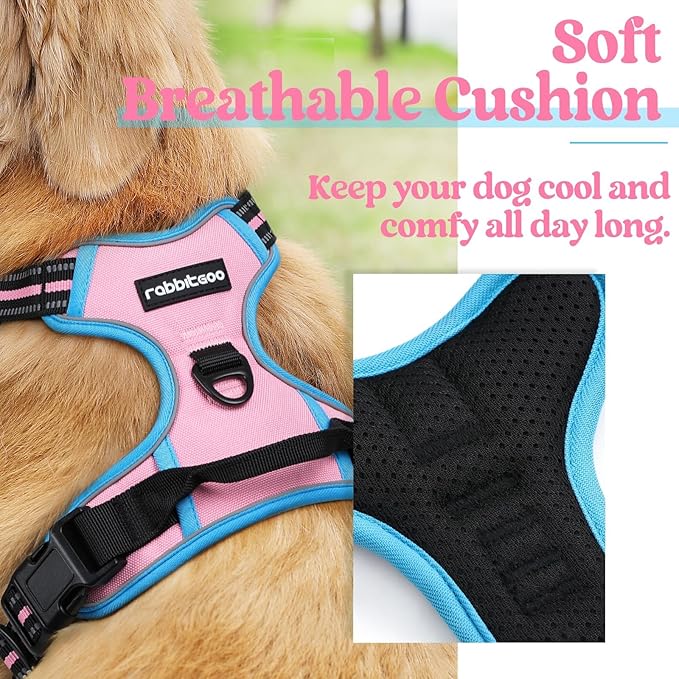 rabbitgoo Dog Harness No Pull with 2 Leash Clips, Adjustable Soft Padded, Reflective Oxford No Choke Pet Vest with Easy Control Handle for Medium Sized Dogs, Pink & Blue, M