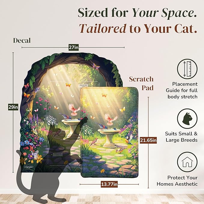Vertical Cat Scratcher - Removable Wall Mounted Cat Scratcher and Art Decal – Wall Scratch Pad for Cats with Sisal Cat Scratcher – Large Protective Wall Scratchers for Indoor Cats