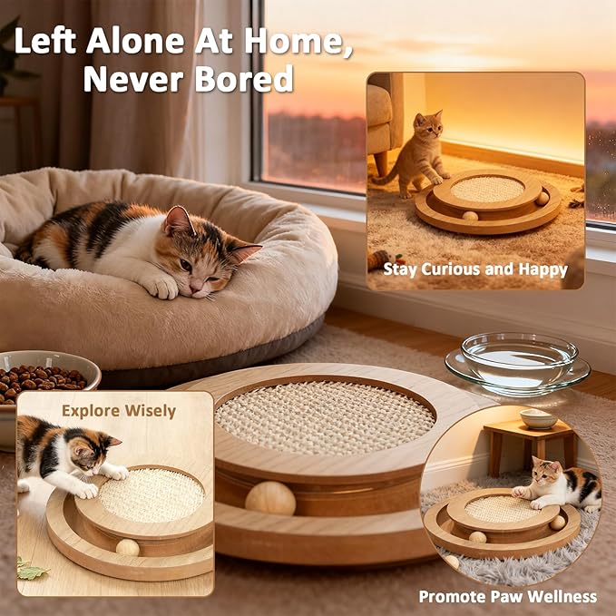 Cat Scratcher Round Natural Sisal Scratching Pad Interactive Scratcher Toys for Indoor Small Cats and Kitten Chasing Hunting Mental Physical Exercise Puzzle