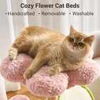 Aesthetic Flower Cat Tree Tower with Scratching Post for Indoor Cats, 30" H Modern Cat Tree with Natural Solid Wood Branch, Fluffy Cat Beds Removable & Large Scratching Board, Creamy White
