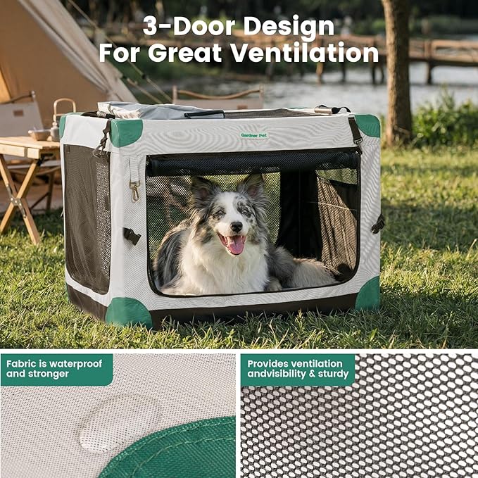 Gardner Pet Soft Collapsible Dog Crate - 30 Inch Portable Travel Dog Crate for Small/Medium Dogs Indoor & Outdoor, 3-Door Pet Crate with Durable Mesh Windows & Storage Bag, Grey