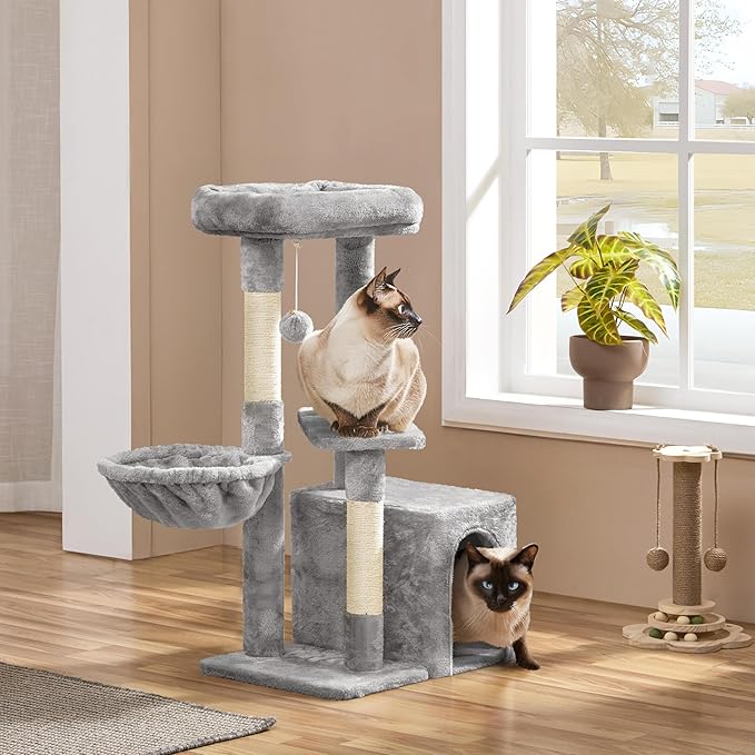 Yaheetech Cat Tree, Multi Level Climbing Tower for Indoor Cats, Pet Activity Center Scratching Post Indoor Furniture Bed with Basket for Kittens, Light Gray