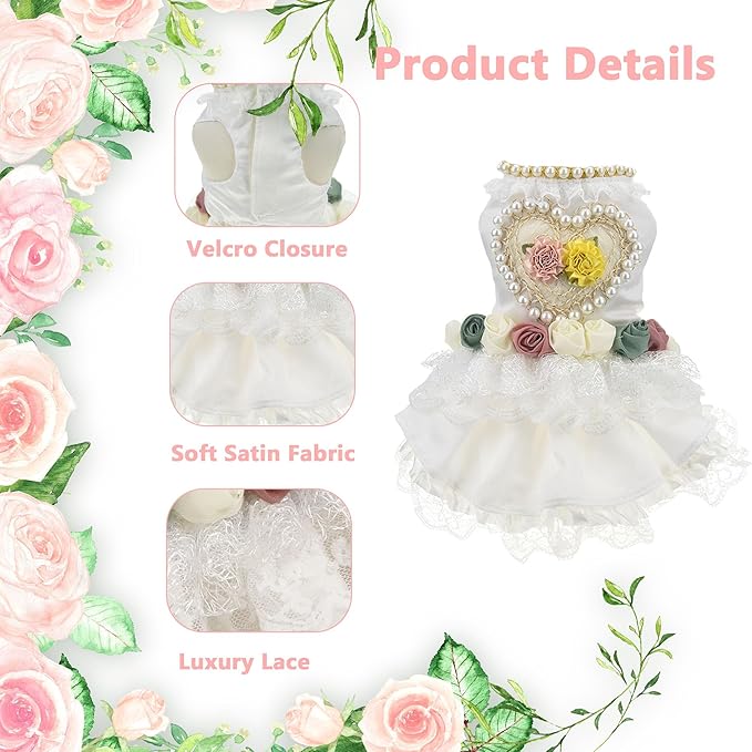Luxury Pearl Dog Wedding Dress,Dog Rose Love Heart Dress,Pet Bride Costume Formal Apparel for Small Dogs (White, Small)