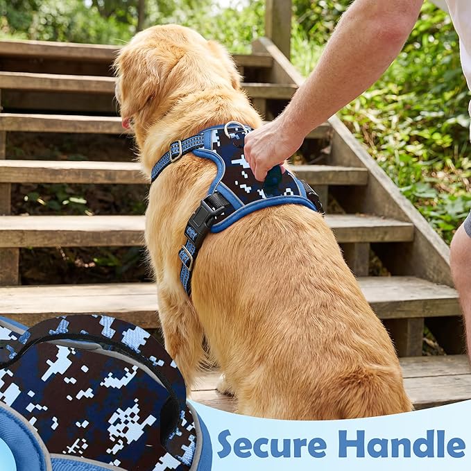 Funfox Dog Harness No Pull, Adjustable Pet Vest Harness, Super Soft Material with Vertical Handle Easy Control, Reflective Night Walking, 2 Leash Clips for XLarge Dogs, Mosaic Blue, XL