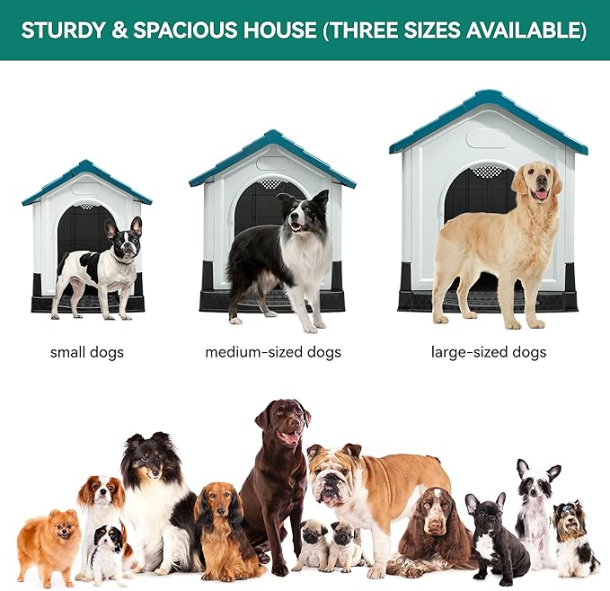 YITAHOME Dog House Outdoor Plastic Doghouse Water Resistant Pet House with Adjustable Skylight and Elevated Base for Small, Medium, and Large Dogs