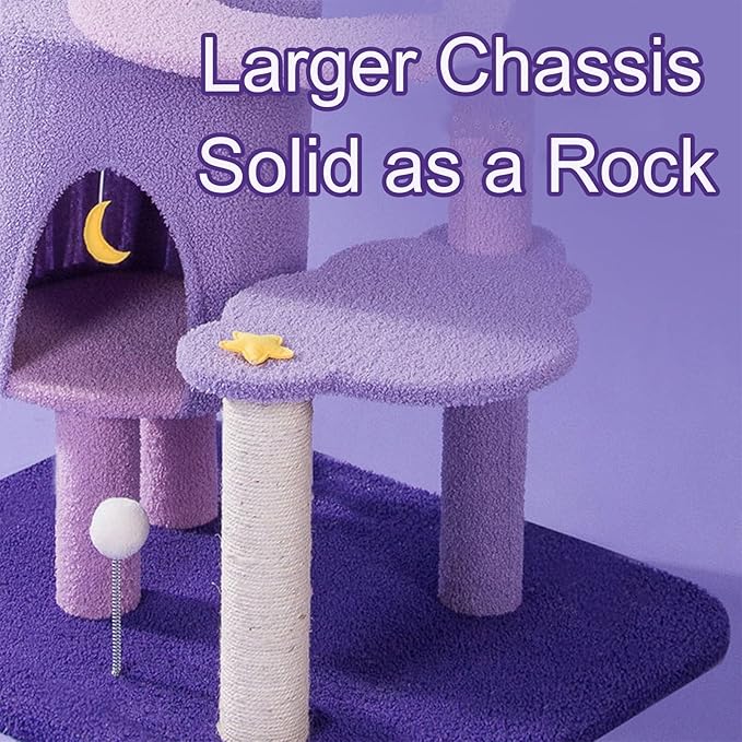 Multi-Level Cat Tower with Comfortable Plush Resting Platform, Purple Pink Cat Condos with Scratching Post and Pompom Ball Toy