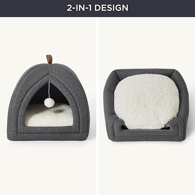 Bedsure Cat Beds for Indoor - 2 in 1 Cat Cave House Tent for Kittens and Small Pets with Removable Washable Cushioned Pillow, Foldable Kitten Hideaway with Non-Slip Bottom, Dark Grey, 17.3 inches