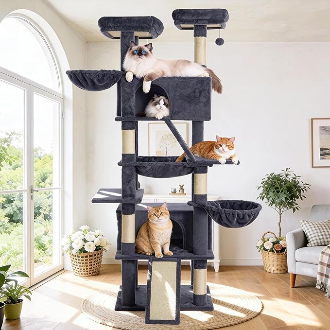 Cat Tree 82 in Multi-Level Cat Tower for Indoor Cats, Heavy Duty Large Cat Tree with Sisal Scratching Posts, Hammock, 2 Perches, 2 Condos, 2 Hanging Baskets, Dark Grey
