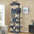 Cat Tree, 82.6" Large Cat Tower for Indoor Cats, Multi-Level Cat House with Condo, 8 Scratching Posts, Hammock, 4 Pom Poms, Dark Grey MS21018SG