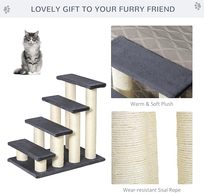 4 Levels Pet Stairs for High Beds Couch, Cute Stair Shaped Cat Tree for Indoor Cats or Dogs with Scratching Post, Hanging Play Ball, Gray