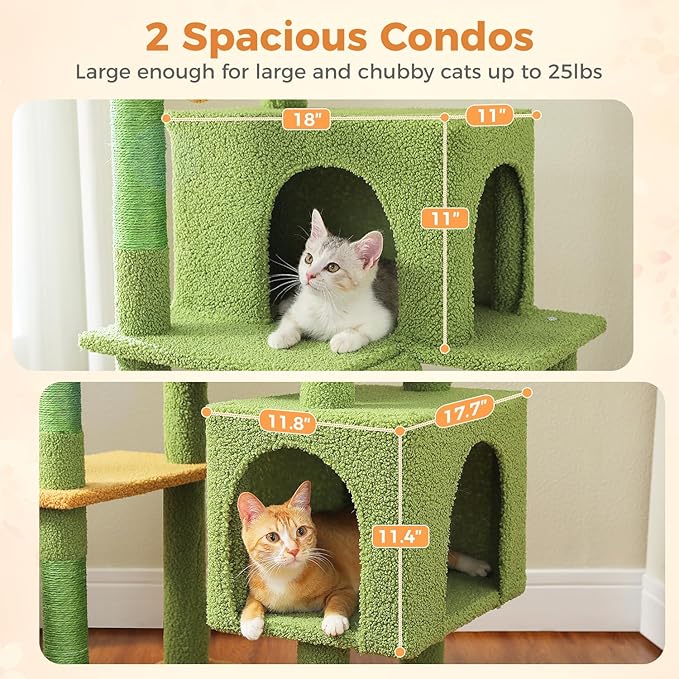71” Cactus Cat Tree for Large Cats, Extra Stable Tall Cat Tower with Oversized Hammock, 2 Condos, Sisal Scratching Posts, Vertical Multi-Level Cat Tree for Indoor Multi-Cat Homes