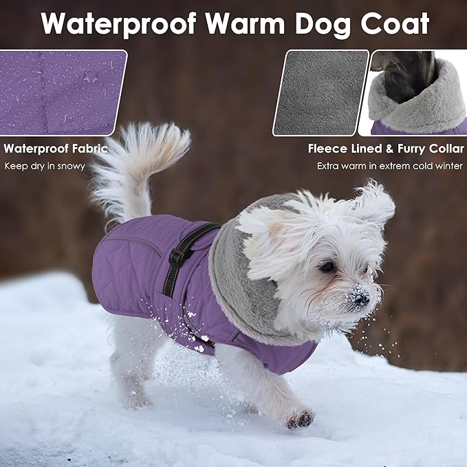 Dog Coat, Waterproof Dog Winter Jacket with Adjustable Buckle, Reflective Turtleneck Pet Snow Vest Warm Fleece Sweater for Small Medium Large Dogs - Purple, 3XL
