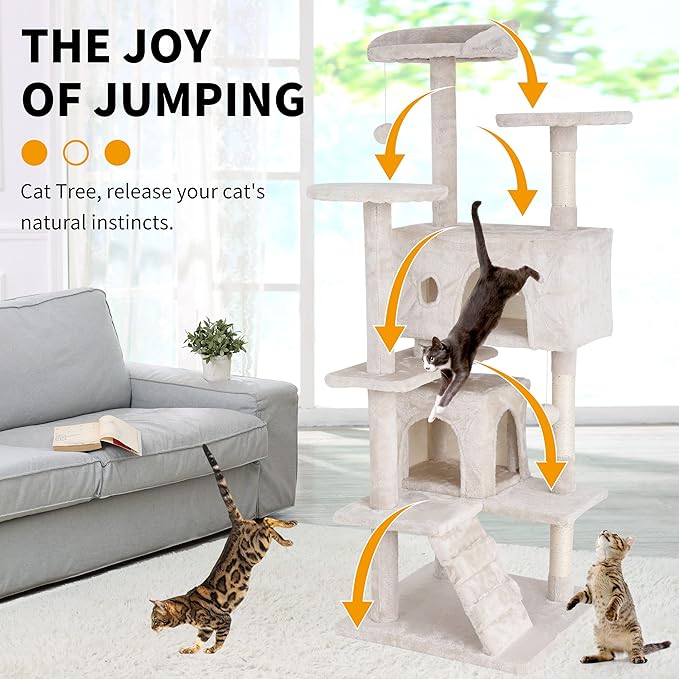 BLKMTY Cat Tree 70" Tall Cats Tower Large Cat Condo Climber Cats Climbing Stand with Top Perches Playhouse and Climbing Ladder Kitty Activity Tree w/Scratching Post Toys, Beige
