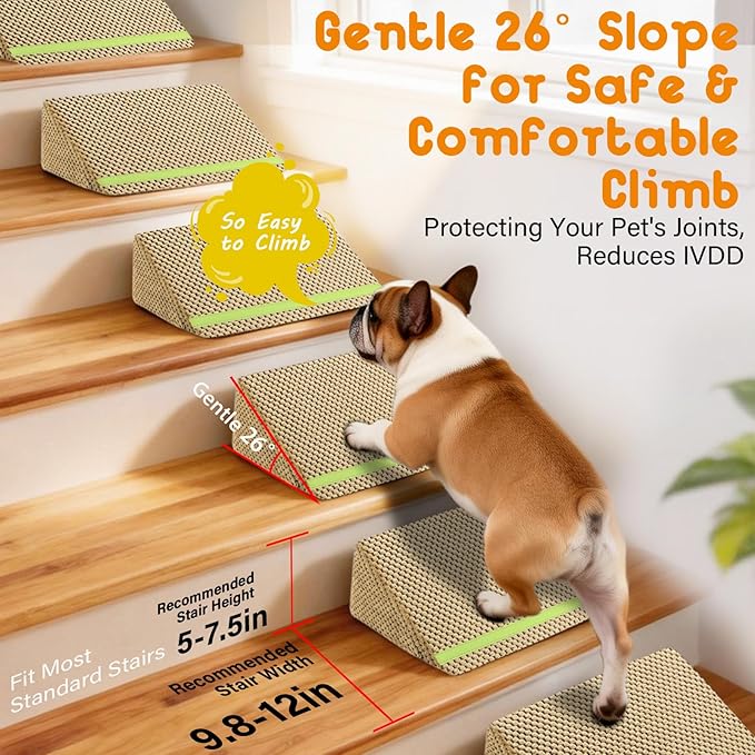 JoyBlooms Dog Ramp for Stairs for Small & Senior Dogs Cats, 40D Density Foam Gentle Slope Non-Slip Dog Stair Ramp with Glow Strip, Pet Ramp with Removable Washable Cover Brown-6pcs