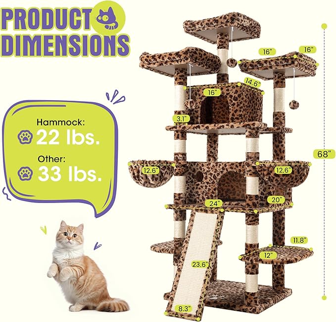 WEEWAY 68 Inches Multi-Level Large Cat Tree for Feline‌/Big Tower/Condo/Cozy Plush Kitty Perches/Fluffy Balls/Sisal Scratching Posts and Hammocks/Cave/Furniture Activity Center/Leopard Print