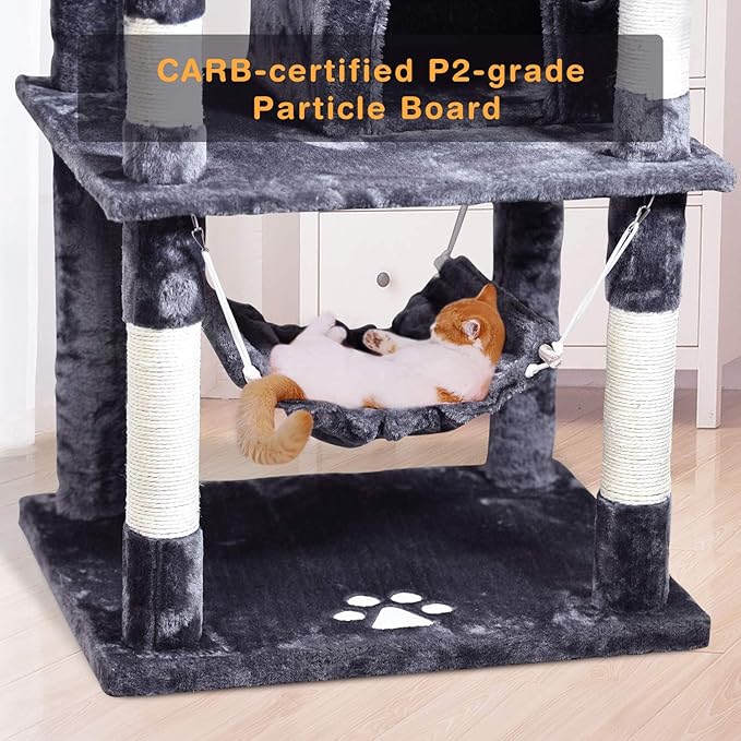 MQ Multi-Level Cat Tree, Activity Centre Cat Tower Furniture with Sisal-Covered Scratching Posts, 3 Padded Plush Perches, Dual Condo & Basket, Removable Hammock, for Large Cats, Grey