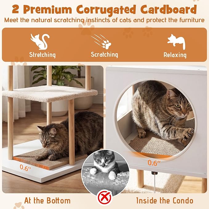 Tangkula Modern Cat Tree, 40 Inches Minimalist Wood Cat Tower with Rubber Wood Posts, 2 Cardboard Scratching Pads, 2-Door Condo, Dangling Ball, Jumping Platforms for Indoor Cats