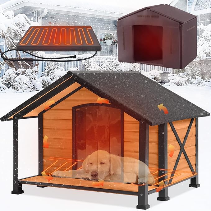 GUTINNEEN Extra Large Heated Outdoor Dog House Weatherproof Dog Kennel with Anti-Chewing Iron Frame, Wooden Insulated Dog Shelter with Porch, Heating Pad and Insulated Liner for Winter