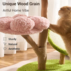Aesthetic Flower Cat Tree Tower with Scratching Post for Indoor Cats, 30" H Modern Cat Tree with Natural Solid Wood Branch, Fluffy Cat Beds Removable & Large Scratching Board, Creamy White