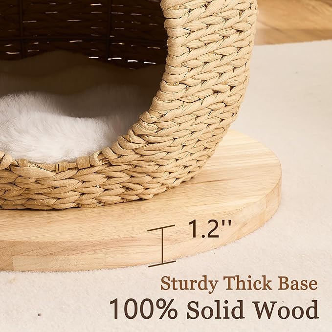 Modern Solid Wood Cat Tree Tower for Indoor Cats Large Adult, 30 inch Corner Small Cat Tree with Handmade Rattan Cat Bed, Luxury Aesthetic Cat Tree with Rattan Cave, Scratching Post