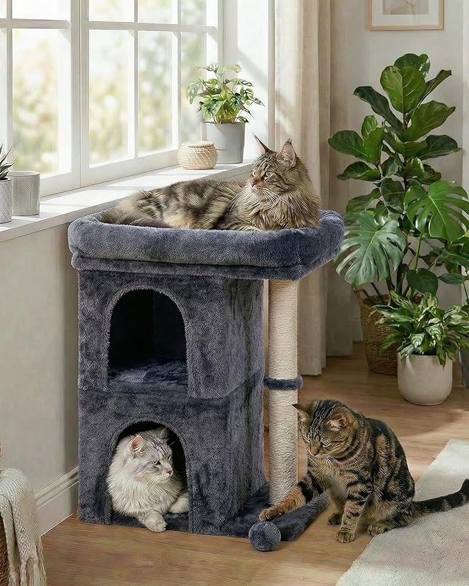 Cat Tree for Large Cat, 19 * 16.5In Large Cat Perch, Adult Cat Tower for Indoor Cats with 24In Long Scratching Post, 2 Cozy Cat Condo House for Adult & Fat Cats, Dark Gray