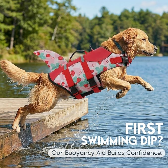 ASENKU Dog Life Jacket - Pet Safety Vest for Swimming & Boating, Shark Life Jacket with Floatation, Dog Lifesavers Swimsuits for Small Medium Large Dogs (Strawberry, XS)