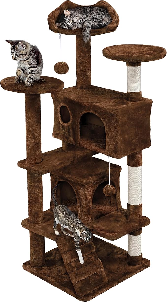 Topeakmart 54in Cat Tree, Cat Tower w/Large Cat Condo Scratching Posts and Perch, Cat Stand House Furniture, Brown