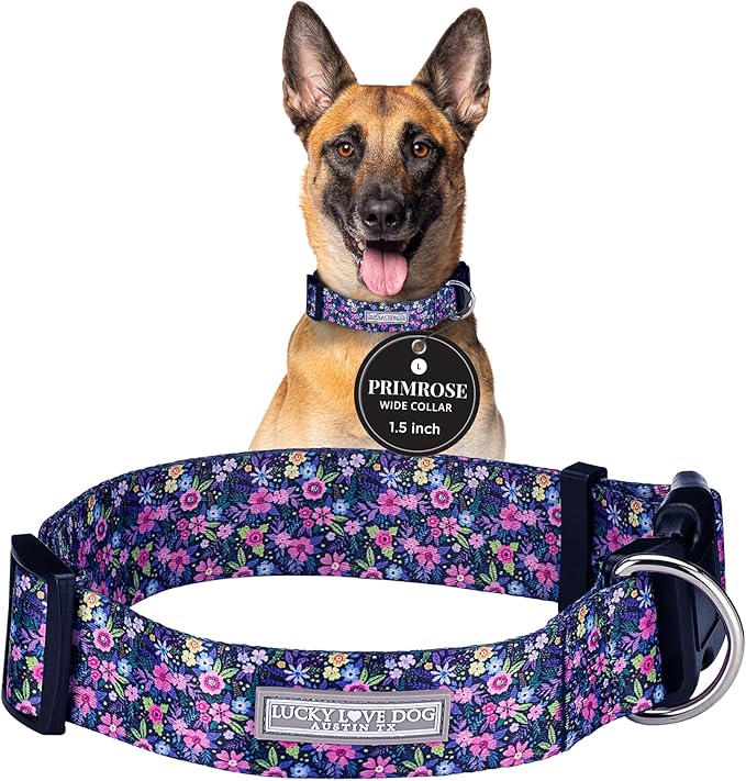 Lucky Love Dog Wide Dog Collar - Adjustable, Durable, Soft Webbing, & Comfortable 1.5 inch Wide Collar for Dogs Male and Female with Strong Buckle - Primrose, Large
