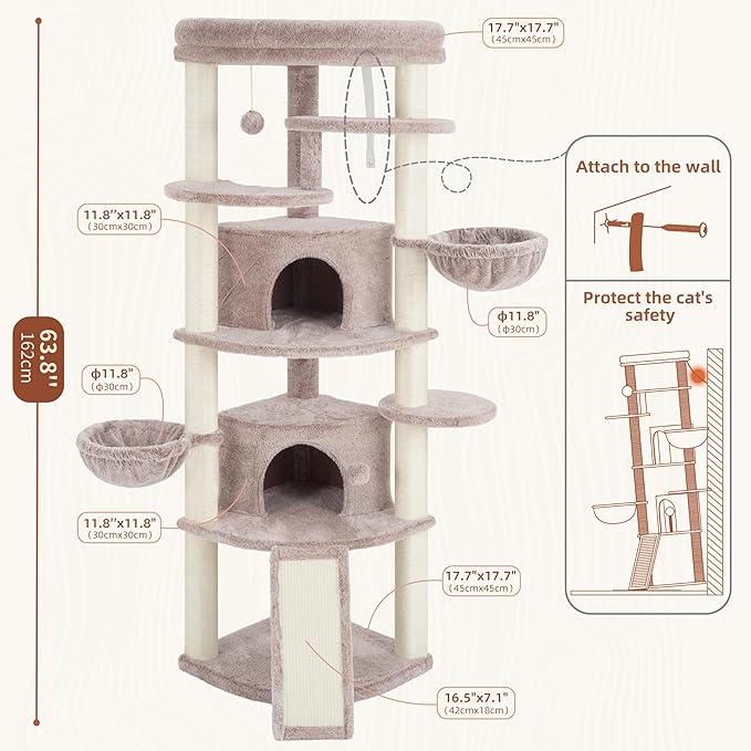 Corner Cat Tree for Indoor Cats, Cat Tower with All Sisal Scratching Posts, Multi-Level Cat Condo wth 2 Large Cat Caves, Big Top Perch, 2 Hanging Baskets, Sisal Ramp, Mushroom GCT035MU