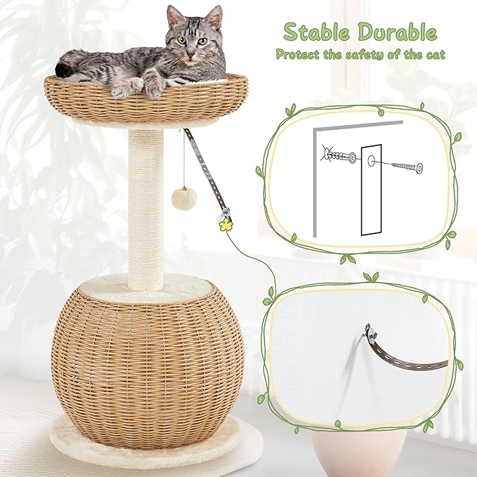Yaheetech Cat Tree, 29.5in Rattan Cat Tower for Indoor Cats w/Scratching Post, Woven Cat Condo and Soft Cushion Top Perch, Aesthetic Cat Tree for Kittens