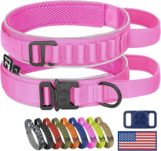 HYDEME Tactical Dog Collar, Alpine Loop Adjustable Military Training Nylon Dog Collars with Handle and Reflective for Small Medium Large Dogs, with Airtags Protective Case & Patches.(M,Pink)
