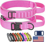 HYDEME Tactical Dog Collar, Alpine Loop Adjustable Military Training Nylon Dog Collars with Handle and Reflective for Small Medium Large Dogs, with Airtags Protective Case & Patches.(XL,Pink)