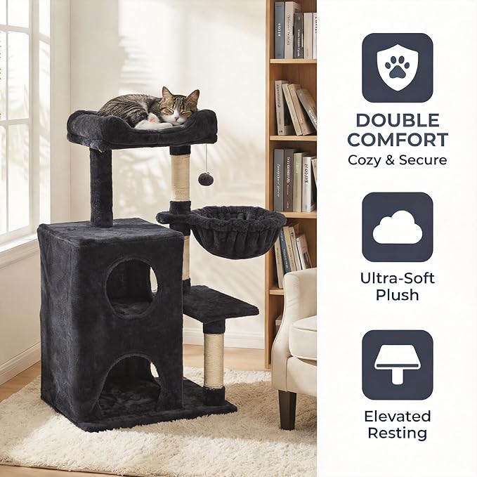 Cat Tree Tower for Indoor Cats, 36-inch Adult Cat Tree House for Large Adult Cats with Steps, Scratching Post, 2 Cat Condo, Dangling Toys, Dark Grey