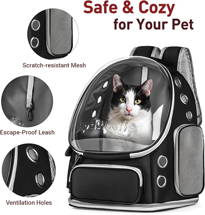 Pawstrip Cat Backpack Carrier with Large Space Bubble Window, Airline Approved Breathable Pet Carrier for Small Dogs Cats up to 15lbs, Foldable for Travel Hiking & Outdoor Use