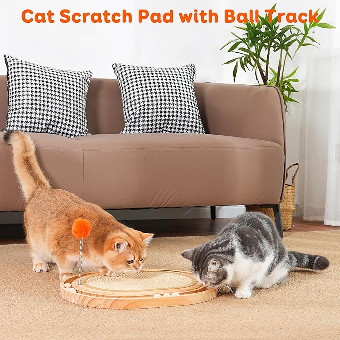 Cat Scratch Pad with Ball Track and Spring Toy, Wooden Cat Scratcher with Sisal Scratching Mat, Ball Track System and 3 Replacement Toy for Cats Scratching,Chasing and Playing (Nature Wood)