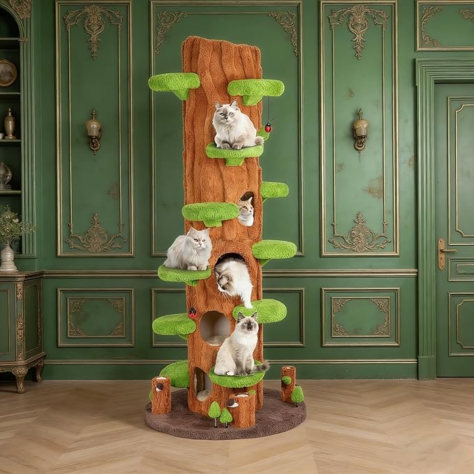 90.5 Inch Cat Tree for Indoor Cats, KAMABOKO Multi-Level Tall Cat Tower with Sisal-Covered Scratching Posts, Plush Perches, Hanging Toys & Spring Toys, Large Kitty Condo with Jumping Platforms