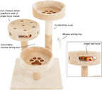 Cat Tree - 3-Tier Tall Cat Tower Condo with 2 Napping Perches, Sisal Rope Scratching Post, Hanging Mouse and Interactive Wheel Toy by PETMAKER (Beige), 27.5"