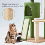 Erinnyees 57" Multi-Level Cat Tower with Hammock, Coconut Cat Tree with Green Leaves, Plush Cat House with Hang Ball Toy and Sisal Scratching Posts Furniture, Green