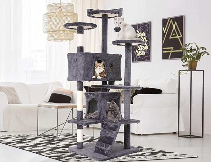 54'' Tall Cat Tree for Indoor Cats, Multi-Level Furniture with 3 Scratching Post, Stand Platform and 2 Condo, Tower Funny Toys, Corner Towers Large Cats Light Grey