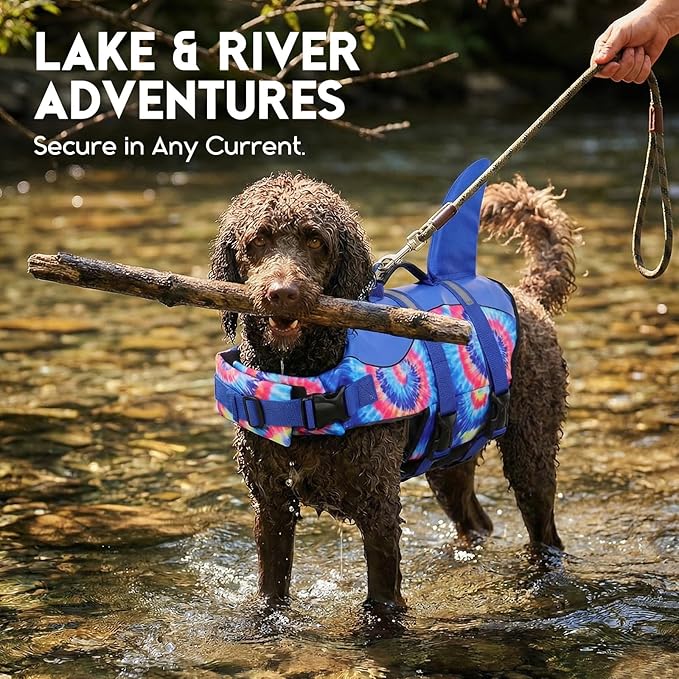 ASENKU Dog Life Jacket - Pet Safety Vest for Swimming & Boating, Shark Life Jacket with Floatation, Dog Lifesavers Swimsuits for Small Medium Large Dogs (Blue Bandhnu, L)